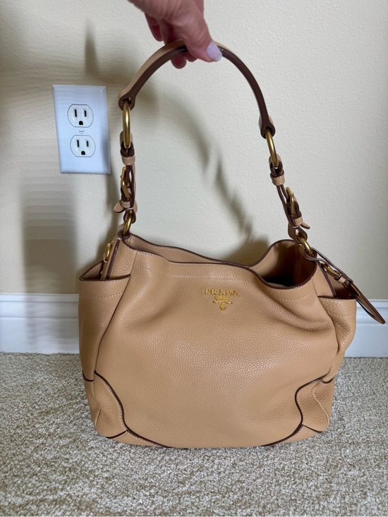 Prada Handbags - PRADA Vitello Daino Leather Side Pocket Hobo Shoulder Bag - Beige/Camel Gold